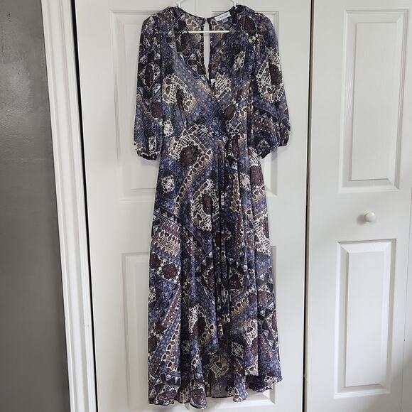 Calvin Klein Multi-colored Aztec Country Print 1/2 Sleeves Wrap Hi-low Dress 8 - Picture 1 of 14